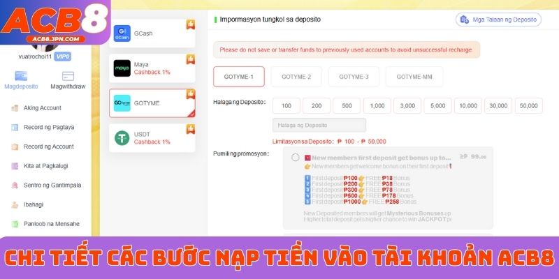 Chi tiết các bước nạp tiền vào tài khoản ACB8