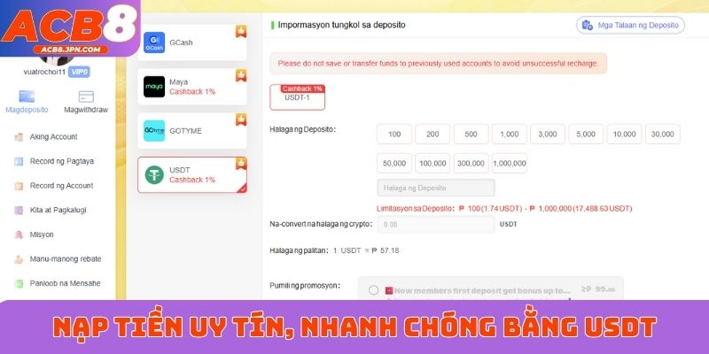 Nạp tiền uy tín, nhanh chóng bằng USDT